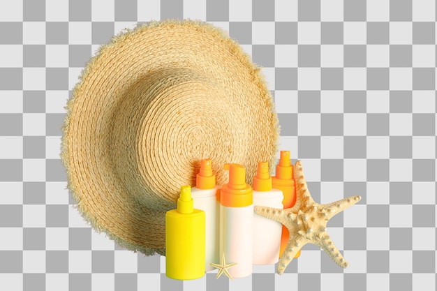 Sonnencreme-Flaschen und ein Strohhut bereiten sich auf lustige Sommeraktivitäten vor, die auf weißem PNG isoliert sind