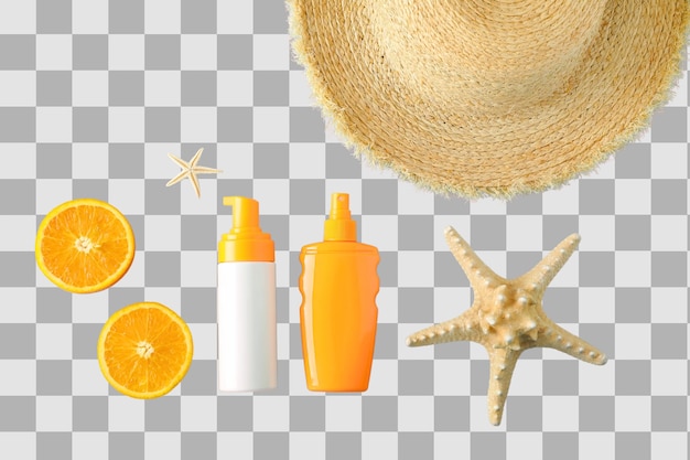 Sonnencreme-Flaschen und Sommerartikel, die für einen Strandurlaub auf weißem PNG angeordnet sind