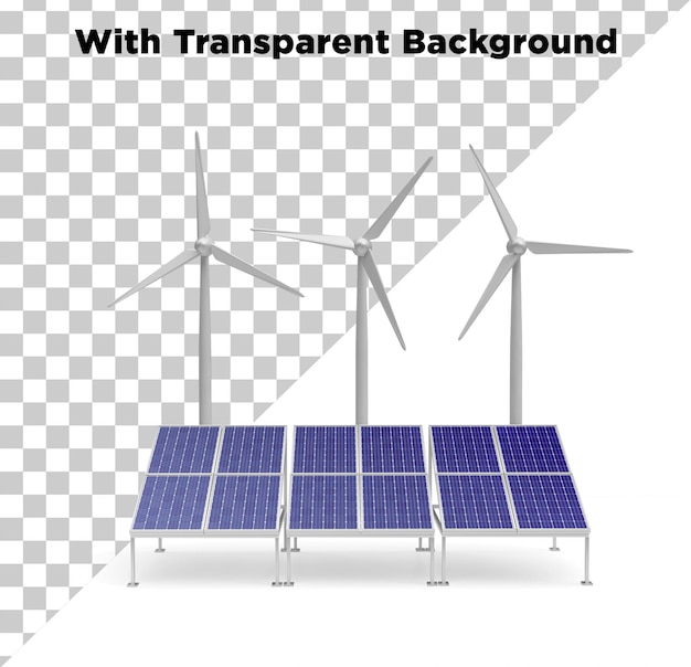 Sonnenkollektoren oder Sonnenstromplatten mit Windmühle PNG PSD isoliert auf durchsichtigem Hintergrund