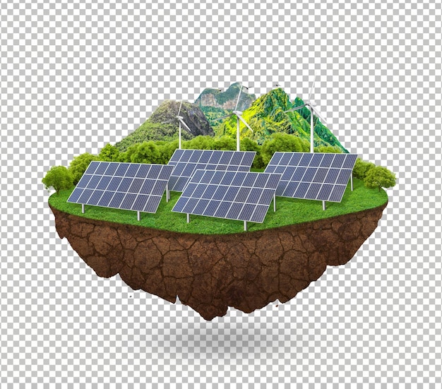 Sonnenkollektoren und Windturbinen auf grünem Land mit Gras und Bäumen Grüne Energie Umweltdesign