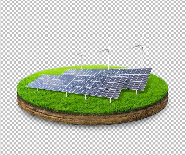 Sonnenkollektoren und Windturbinen auf grünem Land mit Gras und Bäumen Grüne Energie Umweltdesign