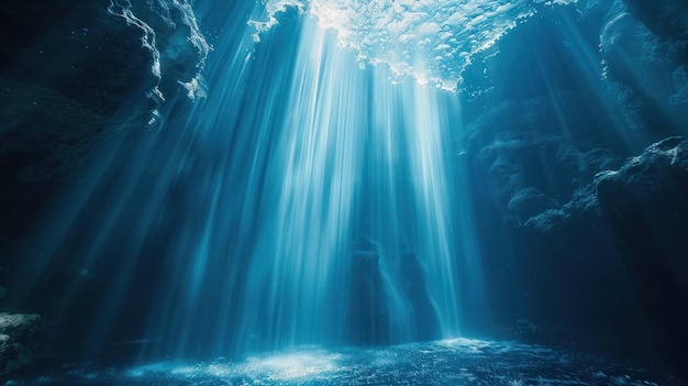 Sonnenlicht strahlt durch die Wasseroberfläche und beleuchtet die dunklen Tiefen einer Höhle