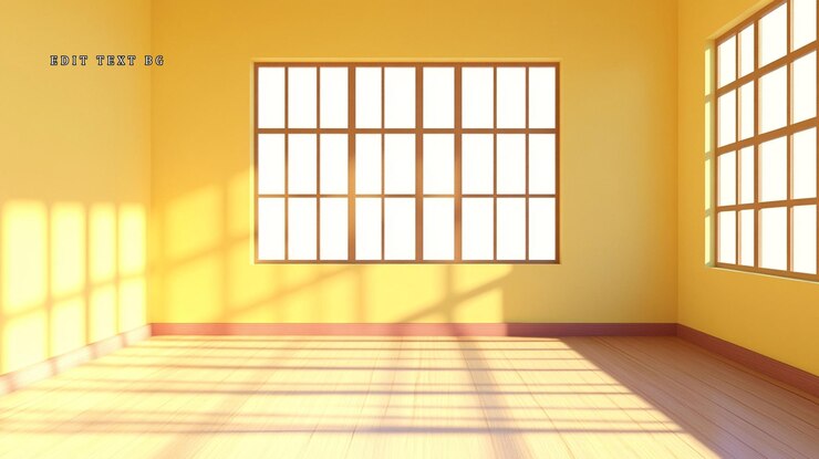 PSD sonnig gelbes zimmerinterieur mit großem fenster und hartholzboden