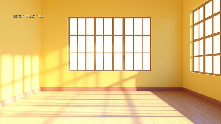 PSD sonnig gelbes zimmerinterieur mit großem fenster und hartholzboden