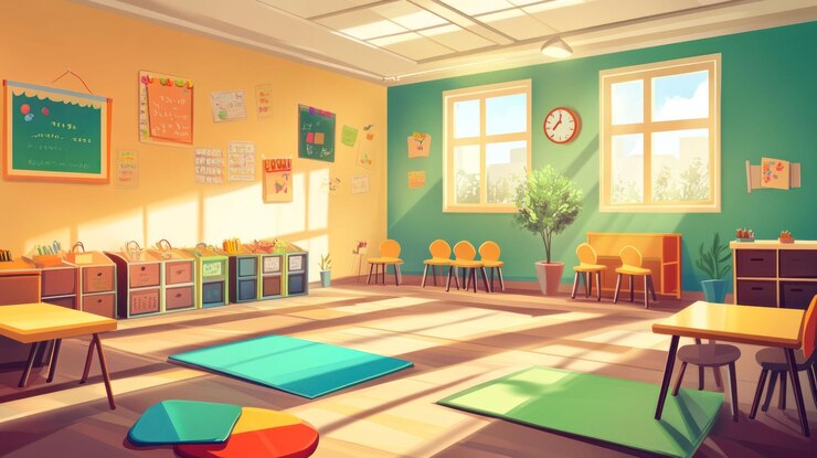 PSD sonniges kindergarten-klassenzimmer mit farbenfrohen möbeln, spielzeug und lernmaterialien
