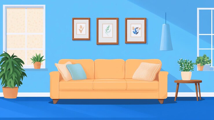 PSD sonniges wohnzimmer mit orangefarbener couch, blauen wänden, pflanzen und gerahmter kunst