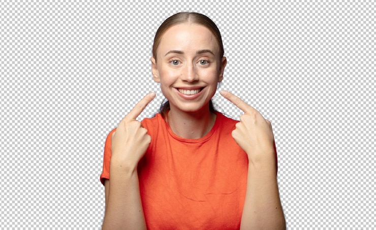 PSD sonriendo con confianza señalando su propia sonrisa amplia actitud positiva relajada satisfecha