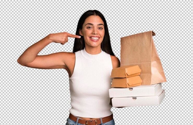 PSD sonriendo con confianza señalando a su propia sonrisa amplia