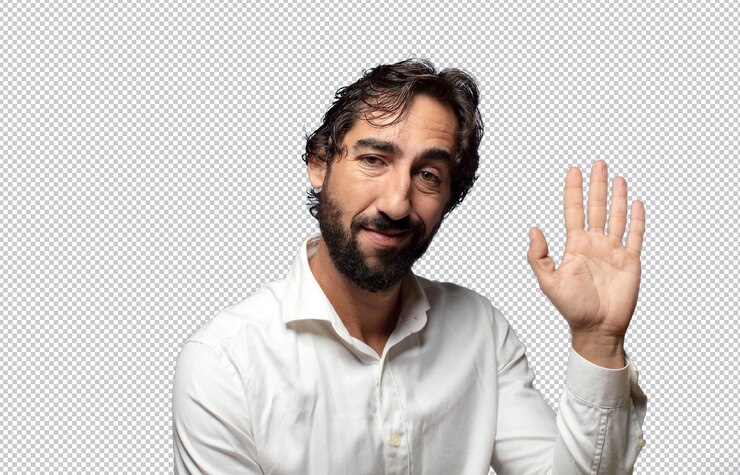 PSD sonriendo feliz y alegremente agitando la mano dándote la bienvenida y saludándote o despidiéndote