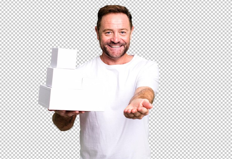PSD sonriendo felizmente con amabilidad y ofreciendo y mostrando un concepto