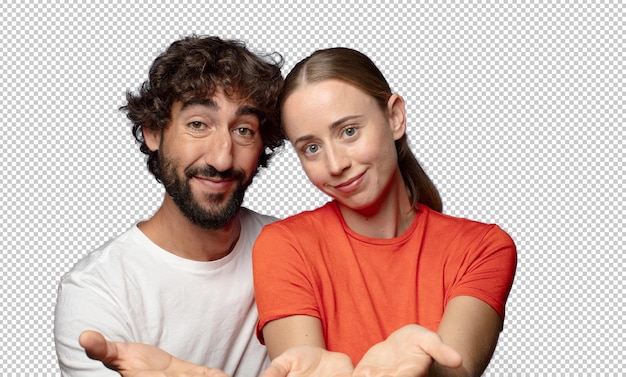 Sonriendo felizmente con una mirada amistosa, segura y positiva, ofreciendo y mostrando un objeto o concepto
