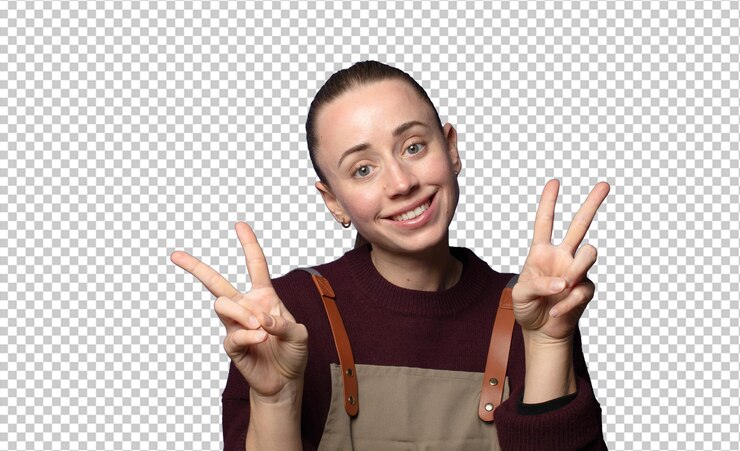 PSD sonriendo y pareciendo feliz amistoso y satisfecho gestando victoria o paz con ambas manos