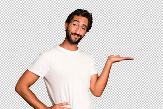 sonriendo sintiéndose confiado exitoso y feliz mostrando concepto o idea en espacio de copia en el lateral