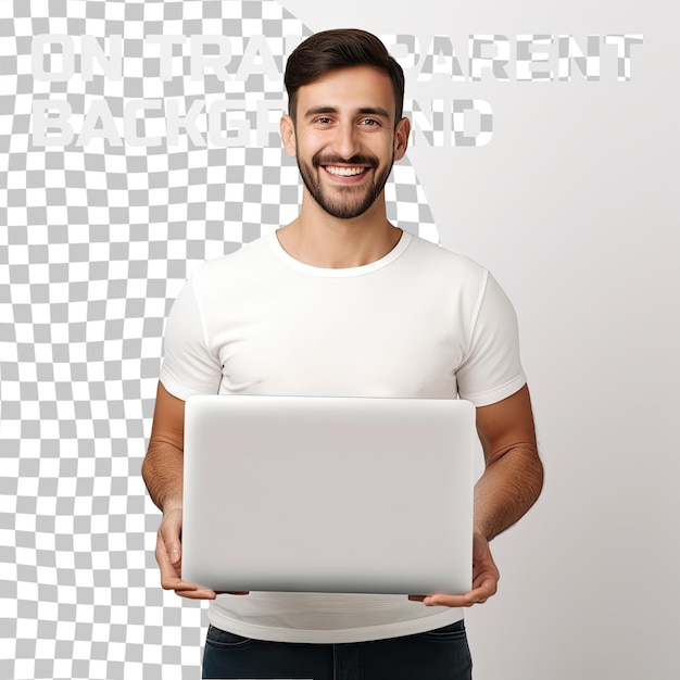 Sonriente feliz bronceado hombre guapo en camiseta básica sostener computadora portátil sonrisa en la cámara posando aislado en