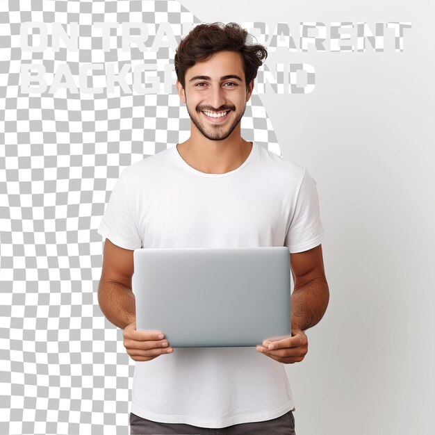 Sonriente feliz bronceado hombre guapo en camiseta básica sostener computadora portátil sonrisa en la cámara posando aislado en