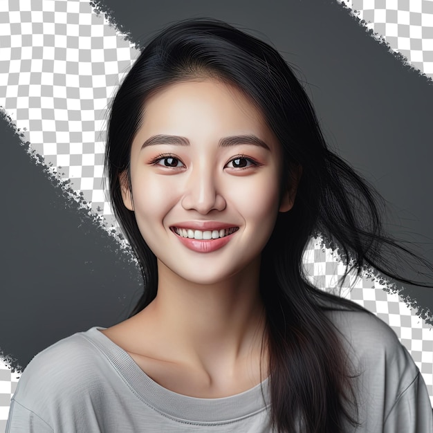 PSD sonriente hermosa joven asiática con cara brillante aislada sobre un fondo transparente