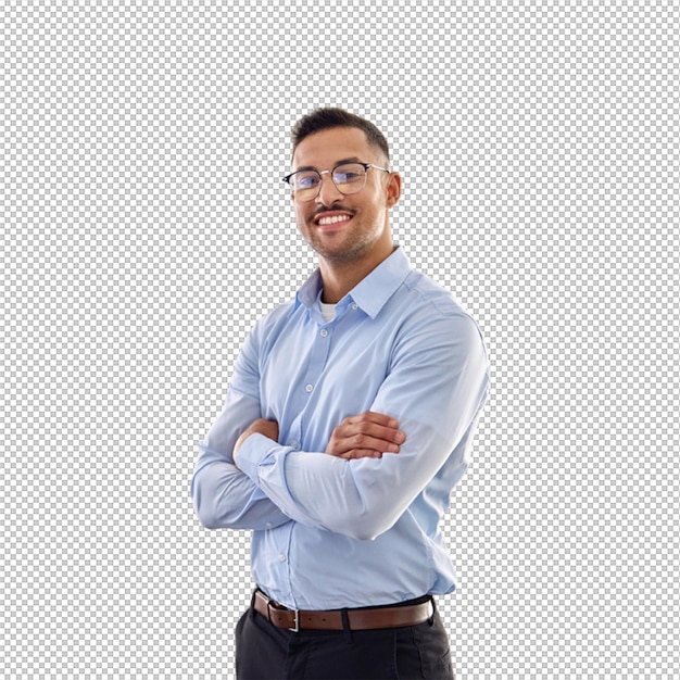 Sonriente, hombre de negocios, con, armamentos cruzaron