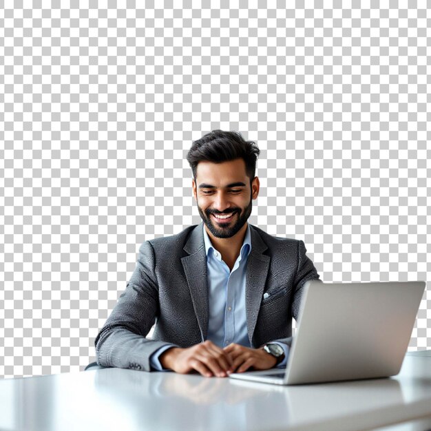 Sonriente hombre de negocios trabajando en la computadora portátil