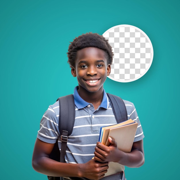 Sonriente joven estudiante afroamericano con mochila sosteniendo libro y manteniendo la mano abierta