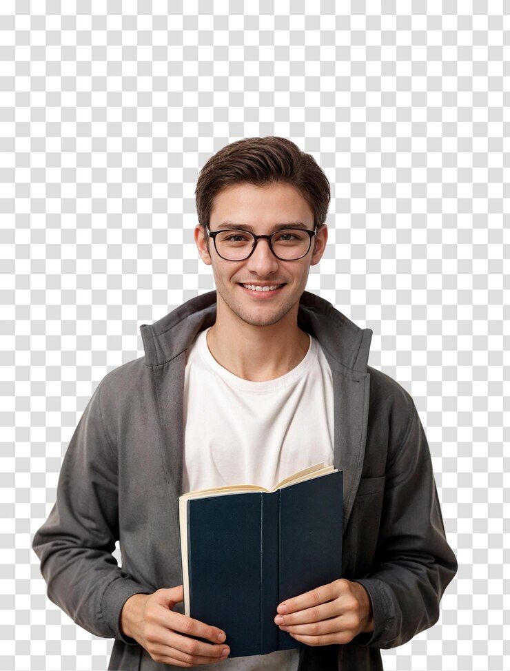 Sonriente joven estudiante con anteojos sosteniendo un libro aislado sobre fondo transparente