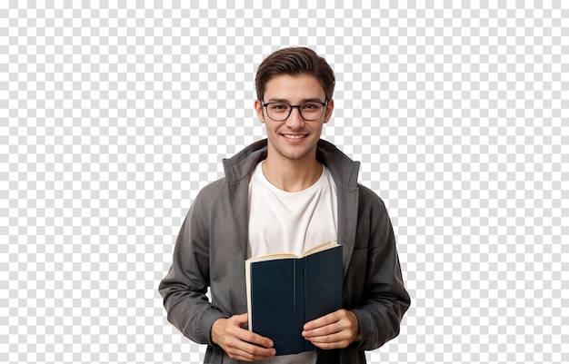 PSD sonriente joven estudiante con anteojos sosteniendo un libro aislado sobre fondo transparente