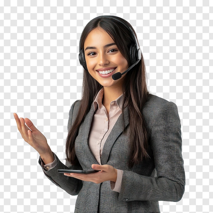 PSD sonriente joven mujer de servicio al cliente con auricular usando traje y mano presentando algo en el espacio de copia de pie centro de llamadas aislado en fondo transparente