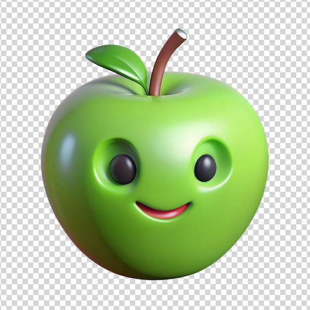 PSD sonriente manzana verde de dibujos animados en 3d con hoja verde aislada sobre un fondo transparente
