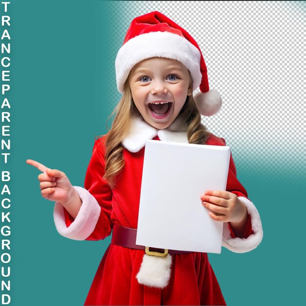 PSD sonriente niña feliz en el sombrero de santa claus con bandera blanca en blanco aislado en fondo transparente