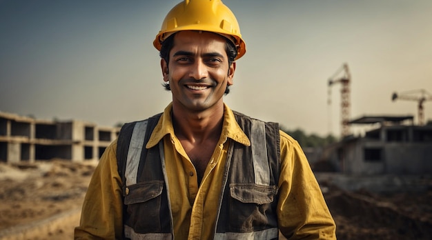 PSD sonriente trabajador de la construcción indio gerente empleado día del trabajo día de la seguridad industrial