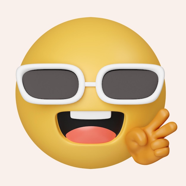 PSD sonrisa emoji 3d con gafas de sol y dos dedos icono aislado sobre fondo gris ilustración de representación 3d trazado de recorte