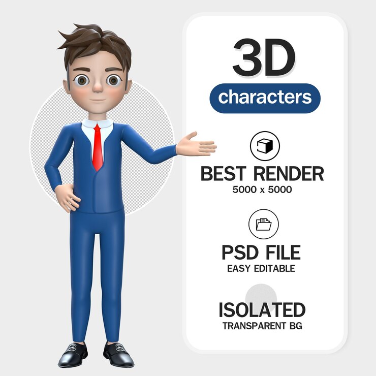 PSD sonrisa de hombre de negocios de renderizado 3d en traje formal apunta sus manos para presentar espacio de copia