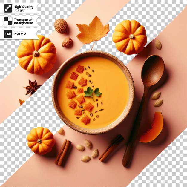 PSD sopa de calabaza de naturaleza muerta de otoño en un cuenco sobre un fondo transparente