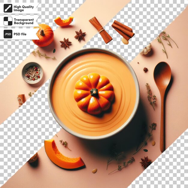 PSD sopa de calabaza de naturaleza muerta de otoño en un cuenco sobre un fondo transparente