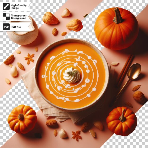 PSD sopa de calabaza de naturaleza muerta de otoño en un cuenco sobre un fondo transparente