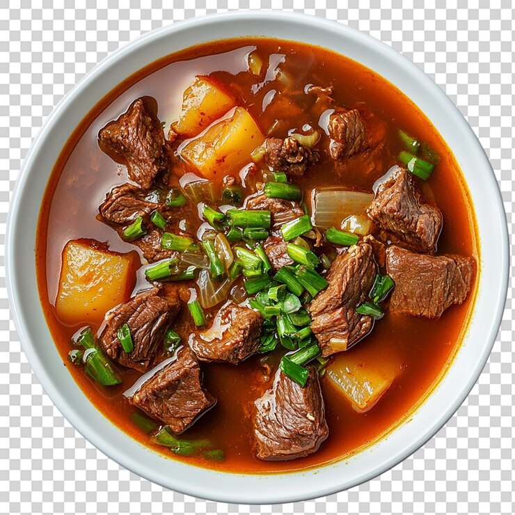 PSD sopa de carne de res coreana gomtang en un plato blanco aislado sobre un fondo transparente