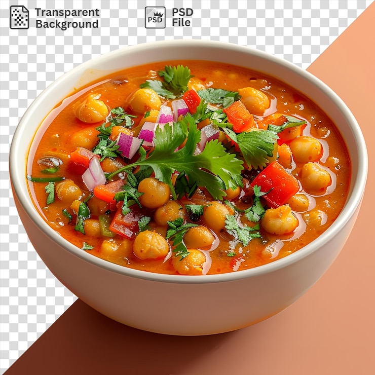 PSD sopa de chana masala servida en un cuenco blanco en una mesa naranja adornada con una hoja verde