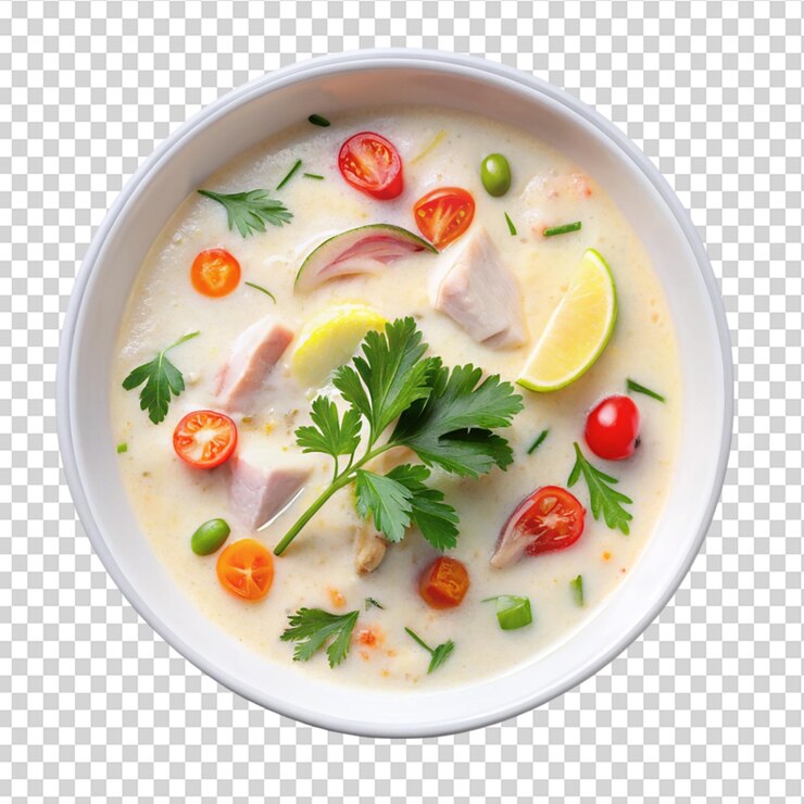 PSD sopa cremosa de leche de coco con pollo en un cuenco blanco vista superior sobre un fondo transparente