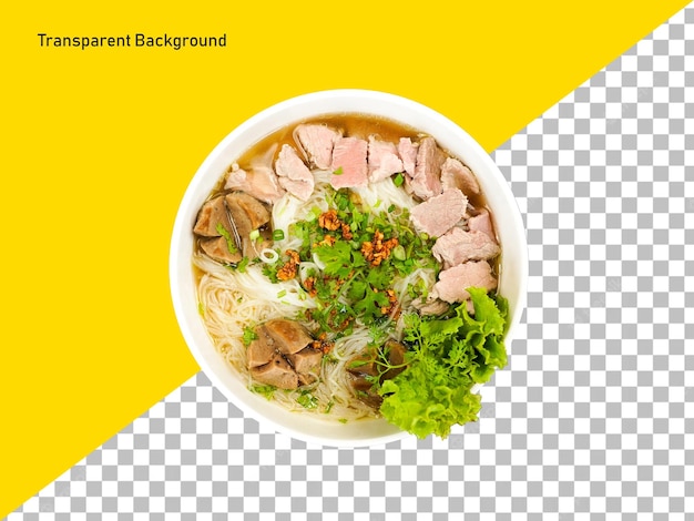 Sopa de macarrão de arroz com bolas de carne de porco e carne em fundo transparente