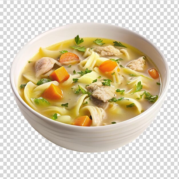 PSD sopa de macarrão de frango em tigela branca isolada em fundo transparente