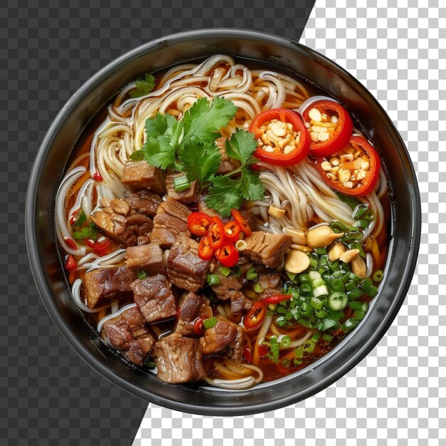 PSD sopa de macarrão de frango picante com verduras frescas e pimentão vermelho em fundo transparente png