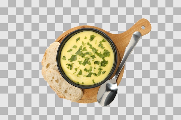 Sopa de queijo PNG em uma tigela com croutons isolados em fundo branco