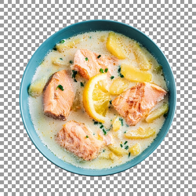 Sopa de salmão com rodelas de limão isoladas em fundo transparente