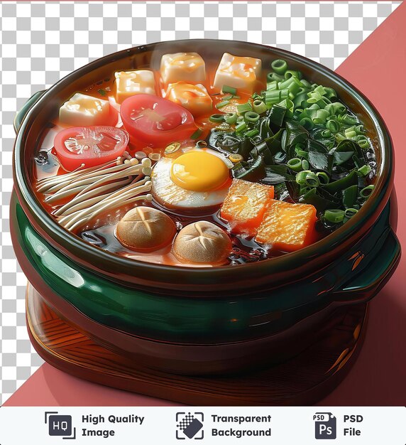 Sopa de shabu shabu de legumes premium servida em uma tigela verde em uma mesa rosa adornada com tomates vermelhos fatiados e servida com uma colher de prata