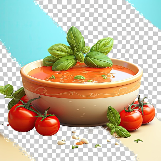 PSD sopa de tomate deliciosa em uma tigela preta com fundo transparente