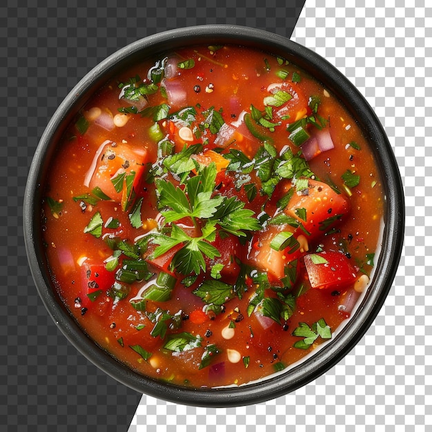 PSD sopa de vegetais de tomate picante gazpacho com ervas frescas e tempero de pimenta em fundo transparente png