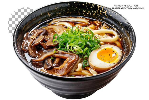 Sopa de estilo asiático con fideos udon setas de huevo en fondo transparente