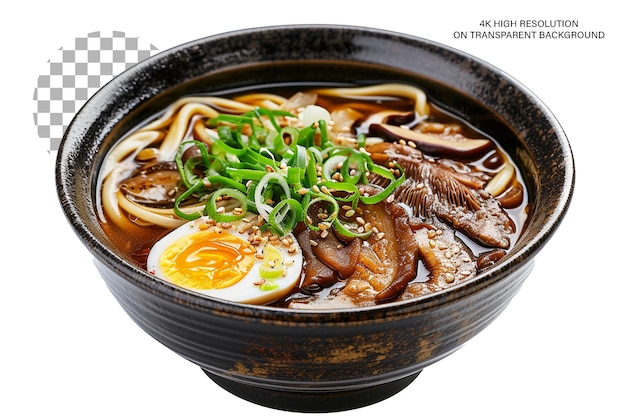 Sopa de estilo asiático con fideos udon setas de huevo en fondo transparente