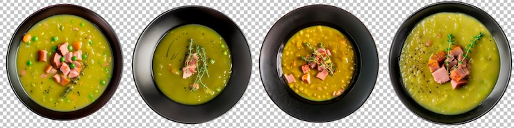 PSD sopa de guisantes dividida con jamón y una ramita de tomillo aislada en el fondo del restaurante top view