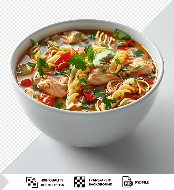 PSD sopa instantánea de fideos de pollo en un cuenco de cerámica blanca sobre un fondo transparente png psd