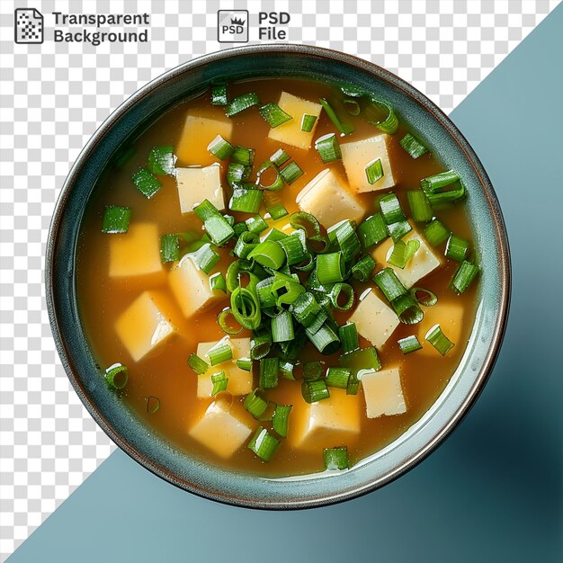 PSD sopa de miso única en un cuenco de plata en una mesa azul